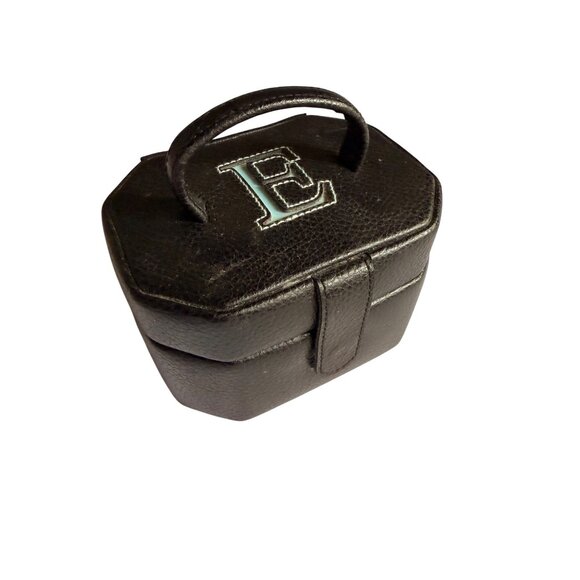 Black Faux Leather Jewelry Box With Mirror & Initial E Monogram - Travel Size 5" - Picture 7 of 9